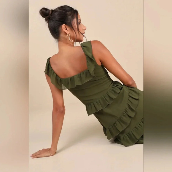 Lulus Compelling Romantic Olive Green Ruffled Tiered Maxi Dress Party Wedding - Picture 5 of 9